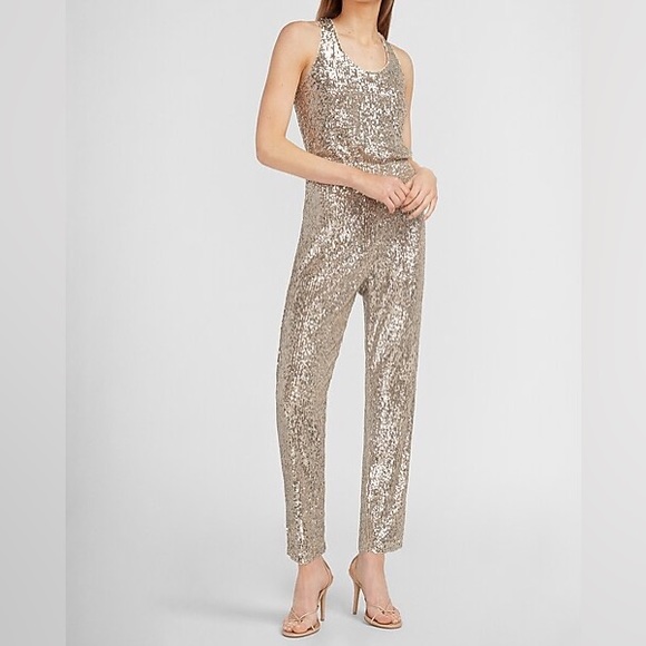 Express Gold Sequin Jumpsuit - Picture 1 of 5